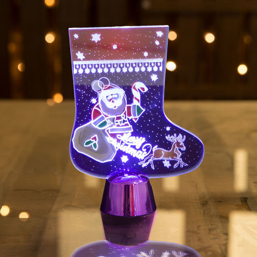 55997B • Karácsonyi asztali LED dekor - fényes talppal - csizma - lila - 15 cm