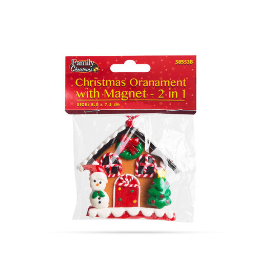 58553B • Karácsonyi mágneses dekoráció - 2 az 1-ben - mézeskalács házikó hóemberrel - 85 x 75 mm