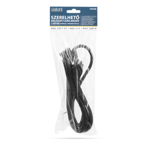 05942B • Hálózati szerelhető tápkábel dugóval  - műanyag füllel - 3 m kábellel - 3 x 1,5 mm2 - fekete