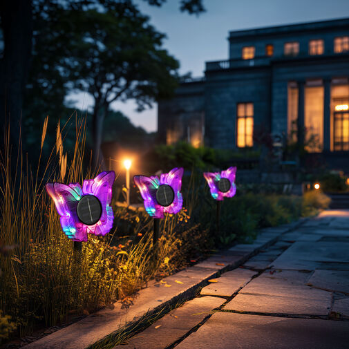 11749A • Leszúrható szolár pillangó - lila - 13 x 6,5 x 35 cm - melegfehér + színes LED