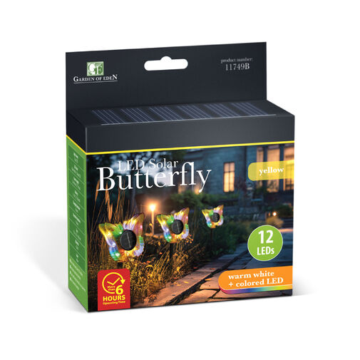 11749B • Leszúrható szolár pillangó - sárga - 13 x 6,5 x 35 cm - melegfehér + színes LED