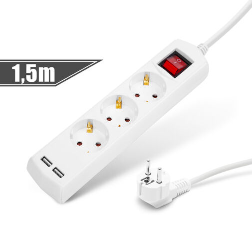 20221U • Elosztó 3-as - 3 x 1,5 mm - 1,5 m - 2 x USB-vel - kapcsolós