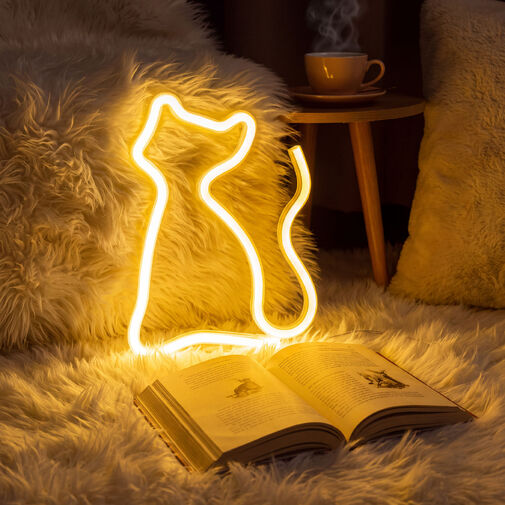 43996G • Neon LED lámpa - melegfehér macska - 3 x AA + USB - 17 x 1,6 x 23,3 cm