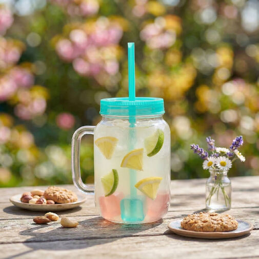 57160R • Szívószálas pohár - zöld - 4 db hűthető jégkockával, 550ml,  17 x 7.5 x 13.5 cm