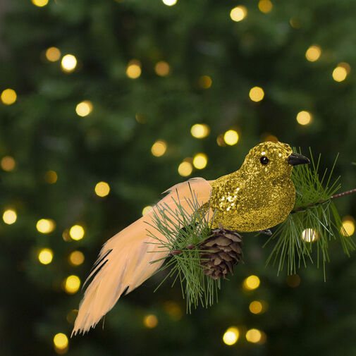 58643B • Karácsonyi dísz - csipeszes - glitteres madár - arany - 2 db / csomag