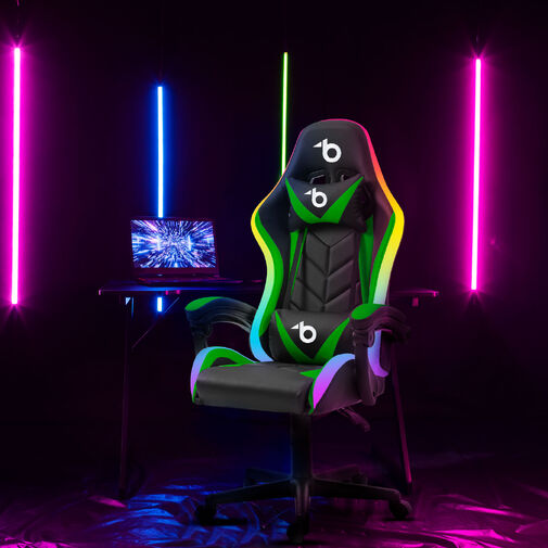 BMD1115GR • RGB LED-es gamer szék - karfával, párnával - fekete / zöld