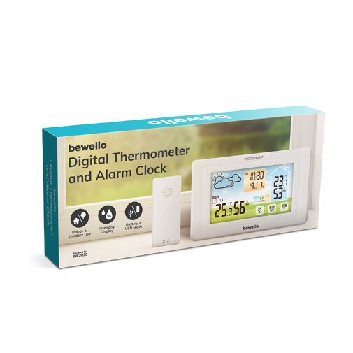 BW2070 • Digitális hőmérő és ébresztőóra - kültéri / beltéri - USB-s, elemes - fehér